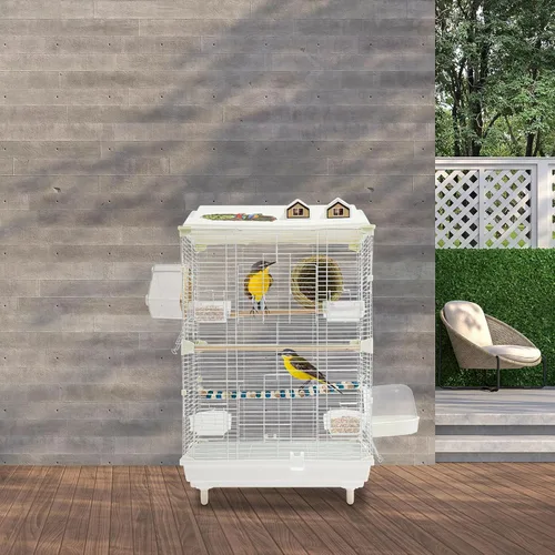 Vista 8 de Jaula para pájaros de hierro de 2 niveles, jaula de loros de palomas, jaula de periquitos de 30 pulgadas con cajas de agua/alimentos, jaula