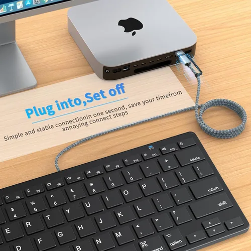 Vista 7 de Teclado con cable ultradelgado para Apple Mac, cable de conversión USB y tipo C, 78 teclas de tijera, teclas de acceso rápido multimedia, compatible