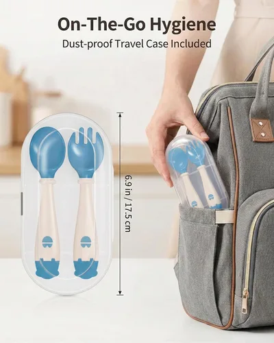 Vista 5 de Deejoy Utensilios para niños pequeños, juego de cubiertos para autoalimentación con estuche de viaje, cucharas y tenedores para bebés con mango