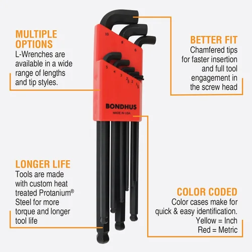 Vista 2 de Pack doble de llaves Allen Bondhus 20599, 0.050 a 3/8 pulgadas y 0.06 a 0.4 pulgadas, pequeña bola al final de la llave hexagonal