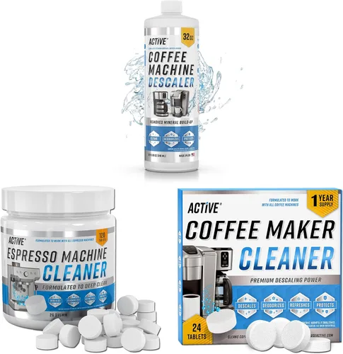ACTIVE Descalcificador de cafetera, limpiador de máquina de café expreso y tabletas limpiadoras de cafetera, incluye descalcificador de máquina de