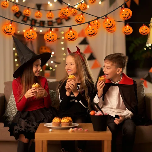 Vista 3 de Guirnalda de luces LED de Halloween de 8.5 pies con 10 luces sonrientes de calabaza Jack O Lantern, linterna LED para fiesta en casa, patio