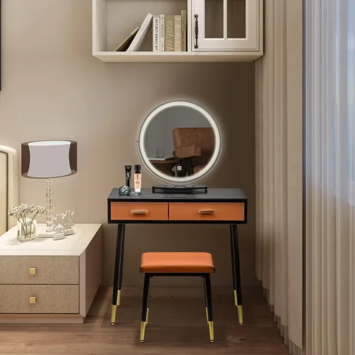 Vista 9 de ARTETHYS Mesa de tocador con espejo iluminado y banco de tocador acolchado, juego de tocador de maquillaje con 2 cajones grandes, tocador