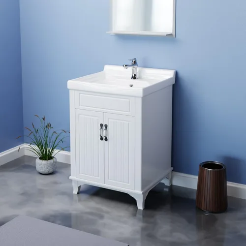 Vista 2 de Renovators Supply Manufacturing Adeline Mueble de tocador blanco de madera con lavabo 24.25" de ancho, juego de lavamanos independiente grande