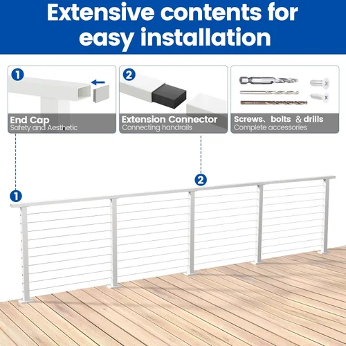 Vista 5 de Muzata Barandilla de cable blanco de 6 pies 6 pulgadas Pasamanos rectangular de acero inoxidable para sistema de barandilla de cable Riel superior