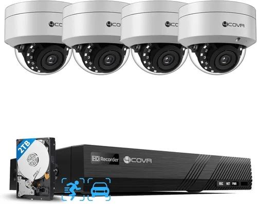 Sistema de cámara de seguridad PoE 4COVR, 4 piezas de 5MP IK10 Cúpula IP PoE a prueba de vandalismo con micrófono, detección de humanos y vehículos