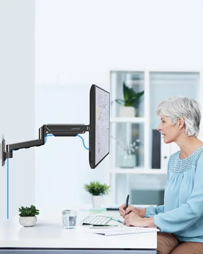 Vista 7 de MOUNTUP Soporte de pared para monitor único para pantalla de computadora de 32 pulgadas de máximo, brazo de monitor totalmente ajustable, soporte