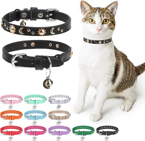 Vista 24 de Collares de cuero DILLYBUD para gatos macho y hembra con campana y cinturón elástico de seguridad, collar ajustable con hebilla de seguridad