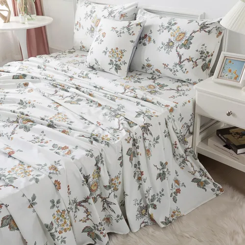 Vista 2 de FADFAY Juego de sábanas para cama individual, elegante ropa de cama floral con estampado de pájaros beige desgastado, juego de sábanas vintage