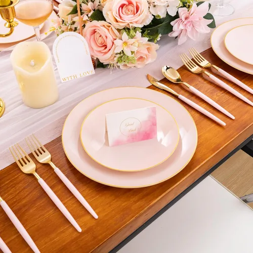 Vista 7 de Liacere 150 platos de plástico, cubiertos de plástico dorado con mango rosa, platos desechables color rosa incluyen 30 platos, tenedores, cucharas