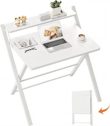Vista 12 de GreenForest Escritorio plegable sin montaje, escritorio compacto de 2 niveles para computadora con estante, mesa plegable que ahorra espacio