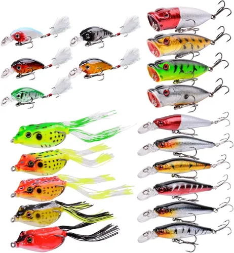 Aorace Kit de Señuelos de Pesca Mixto que Incluye Minnow Popper Crank Baits con Anzuelos para Pesca en Agua Salada y Dulce de Trucha Lubina Salmón