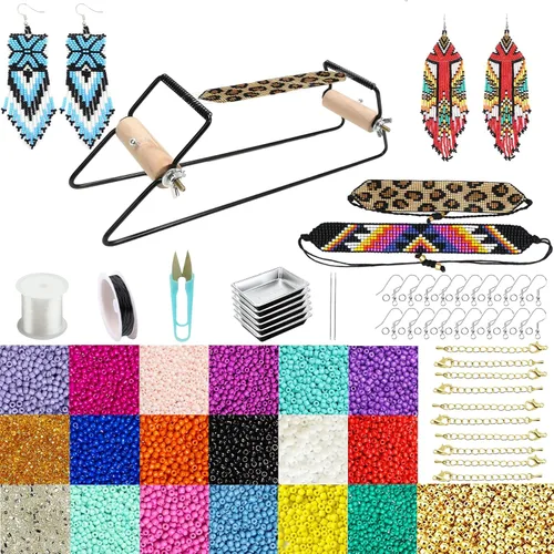 Kit de telar de cuentas de marco para pulseras de cuentas, aretes, cinturones, incluye 17250 cuentas de semillas de 0.118 pulgadas, 18 colores y