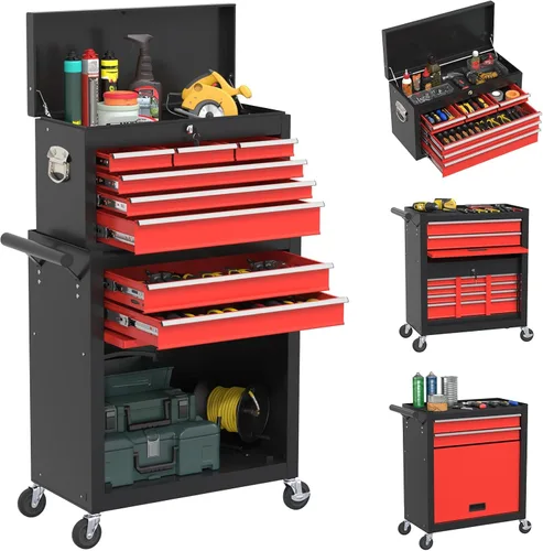 Vista 9 de Caja de herramientas rodante con ruedas, caja de herramientas de 8 cajones de alta capacidad con ruedas, caja de herramientas de almacenamiento