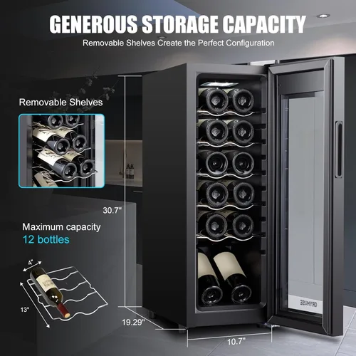 Vista 5 de Refrigerador de vino con compresor de 12 botellas con cerradura, refrigerador de vino independiente, control de temperatura digital de 41 °F a 64