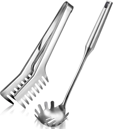 Vista 7 de Patelai Juego de cuchara de espagueti y pinzas para pasta, herramientas de servicio de fideos de mango largo con orificios de drenaje, agarre Negro