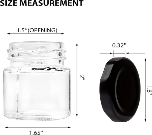 Vista 3 de Mini tarros de vidrio hexagonales de 1.5 onzas, paquete de 48 tarros de miel vacíos pequeños para especias con tapas negras y 50 etiquetas