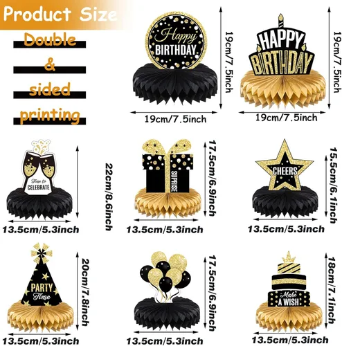 Vista 2 de 8 piezas de decoración de fiesta de feliz cumpleaños, centros de mesa de panal de abeja, decoración de mesa para recuerdos de fiesta, accesorios