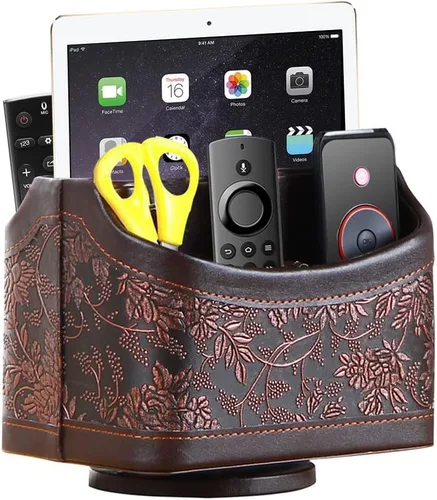 YAPISHI Soporte para control remoto de cuero antiguo, caja giratoria de 360 grados para escritorio, organizador de mesa de noche para control,
