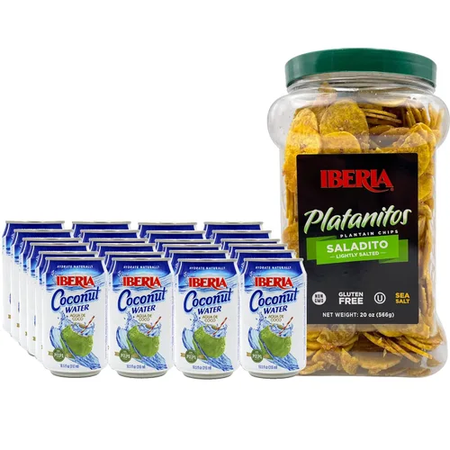 Iberia Chips de plátano ligeramente salados, 20 onzas + agua de coco Iberia con pulpa, 10.5 onzas líquidas (paquete de 24)