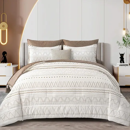 Vista 12 de WONGS BEDDING - Juego de edredón queen de 7 piezas, edredón geométrico de rayas negras y doradas estilo boho para cama queen en una bolsa, juego
