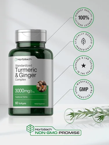 Vista 5 de Horbäach Suplemento de cúrcuma y jengibre 60 cápsulas de cápsulas blandas Complejo de curcumina de cúrcuma con extracto de pimienta negra Sin