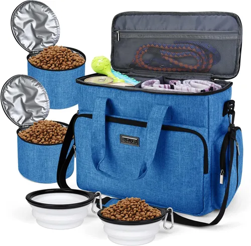 Vista 9 de BAGLHER Bolsa de viaje para perros, bolsa de viaje para mascotas (todos los suministros de viaje para mascotas), con 2 recipientes de comida