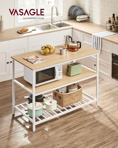 Vista 2 de VASAGLE Isla de cocina con 3 estantes, estante de cocina de 47.2 pulgadas con encimera grande, estructura de acero estable, industrial, fácil