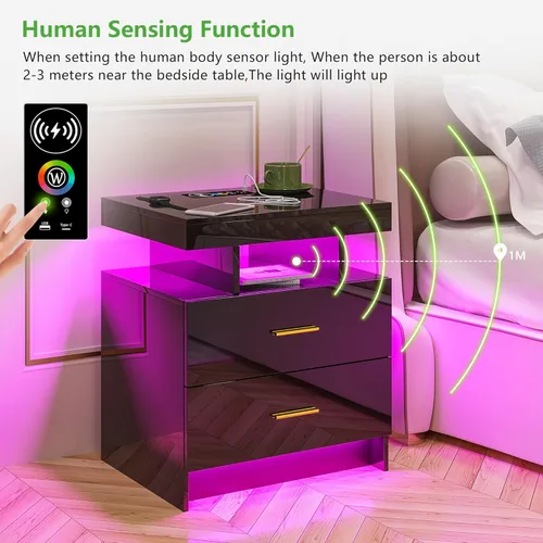 Vista 38 de HNEBC Mesita de noche LED, mesita de noche negra con estación de carga, USB + tipo C + carga inalámbrica, mesita de noche inteligente con sensor