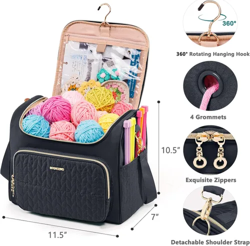 Vista 4 de MYBAGZING Organizador de bolsas de ganchillo, bolsa de almacenamiento acolchada con gancho para colgar, soporte de hilo para tejer y accesorios