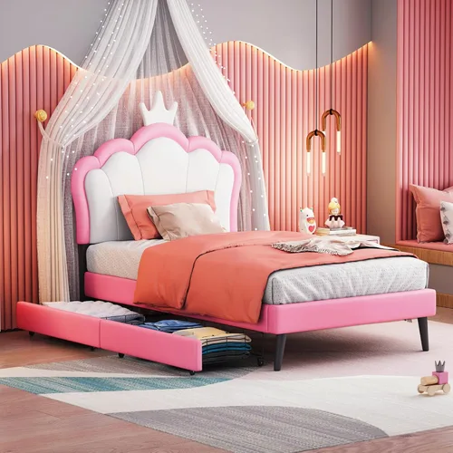 Vista 17 de KLMM Sofá cama tapizado de tamaño individual con cabecero clásico en forma de rayas, para niños y niñas pequeños (cabecera beige a rayas, individual)