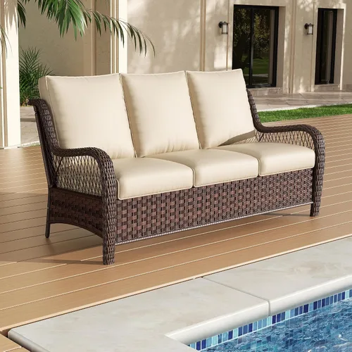 Sofá de mimbre para exteriores de 3 plazas, sofá de ratán para todo tipo de clima con cojín de asiento y respaldo, ideal para porche, patio trasero