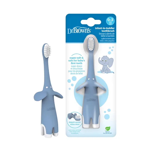 Dr. Brown's Cepillo de dientes para bebés y niños pequeños, elefante, azul, 0-3 años