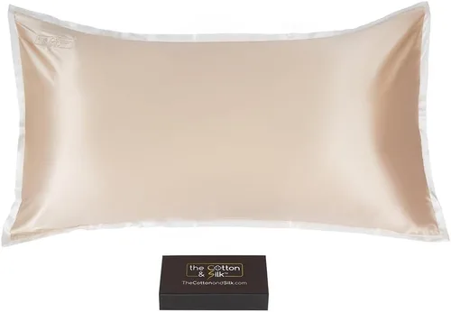 Vista 18 de Funda de almohada de seda de morera 22 Momme (cierre envolvente en la parte posterior), colección elegante, tamaño Queen, caramelo + crema