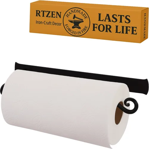 RTZEN Soporte Horizontal de Toallas de Papel Negro - Soporte de Toallas de Papel Decorativo de Hierro Forjado Rústico Hecho a Mano - Soporte de