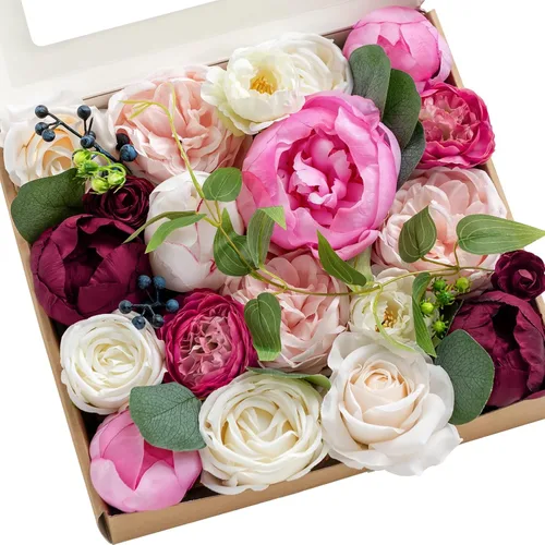 Vista 37 de Ling's moment Caja de flores falsas, tallos de vegetación artificiales artificiales, rosas de espuma, anturios, orquídea de seda, hoja de palmera