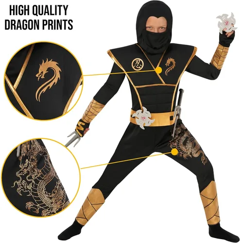 Vista 3 de Morph Disfraz de Ninja de lujo para niños, disfraz de ninja para niños, espadas de juguete ninja para niños, conjunto de ninja para niños