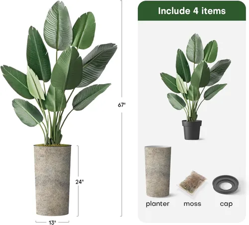 Vista 3 de Árbol artificial en macetero con textura blanquecina, ave del paraíso artificial de seda para decoración del hogar en interiores y exteriores