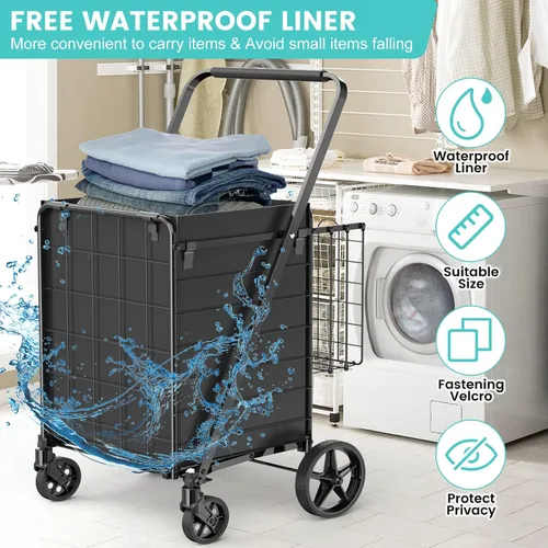 Vista 3 de Carrito de compras plegable para comestibles, carrito de comestibles de capacidad de 360 libras con forro impermeable y ruedas giratorias de 360