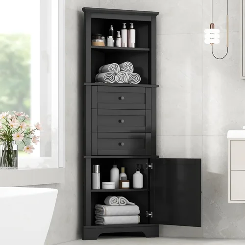 Vista 2 de Corner Cabinet with 3 Drawers and 1 Door, Triangle Storage Cabinet with Open Adjustable Shelves, Tall Bathroom Organizer Home Space Saver for Living