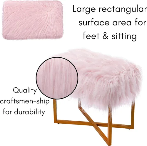 Vista 7 de BIRDROCK HOME Taburete rectangular de piel sintética rosa con patas doradas, silla de tocador, asiento acolchado suave y compacto, silla