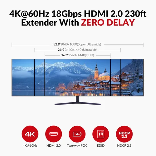 Vista 2 de Extensor HDMI 4K de acceso AV sobre Cat6, 230 pies/229.7 ft, 4K @60 Hz 4:4: 4, salida de bucle, HDCP 2.3, PoC bidireccional, control IR, interruptor