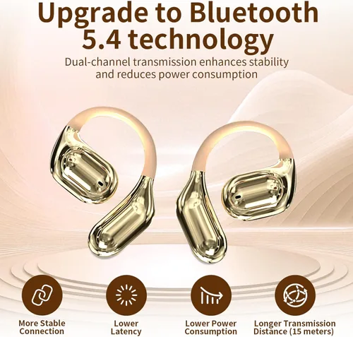 Vista 6 de Open Ear Headphones, True Wireless Bluetooth Earphones with Mic, Ultra-Comfort Sport Headset with LED Display, Powerful Sound, IPX4 Waterproof, Beige