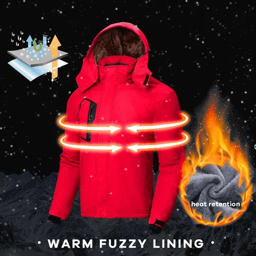 Vista 6 de WULFUL Chaqueta de esquí impermeable para hombre, abrigo de nieve cálido para invierno, rompevientos de montaña