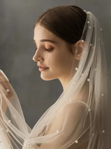 Vista 6 de Heread Pearl Bride - Velo de boda blanco para la punta del dedo de la catedral velos de tul para novia accesorios para el cabello con peine y borde