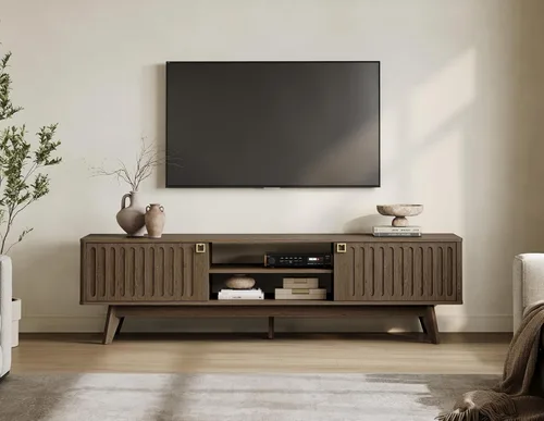 Vista 2 de SICOTAS Soporte de TV de 70 pulgadas de largo para sala de estar, soporte de TV moderno, centro de entretenimiento con 2 gabinetes de Roble café