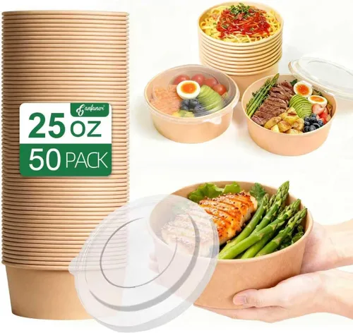 Vista 14 de Cuencos de papel redondos desechables de 34 onzas con tapa, 50 juegos de cajas de contenedores de delicatessen, a prueba de derrames, aptos