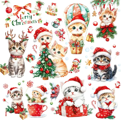 Vista 8 de Calcomanías de gato para ventana de Navidad, 9 hojas de decoración de Navidad, campanas de árbol de gato, calcomanías para fiestas de vacaciones