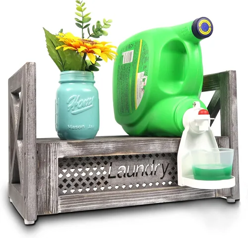 Vista 2 de Besuerte Soporte de madera para detergente para ropa – Estante rústico de lavandería para dos botellas de detergente, almacenamiento y decoración