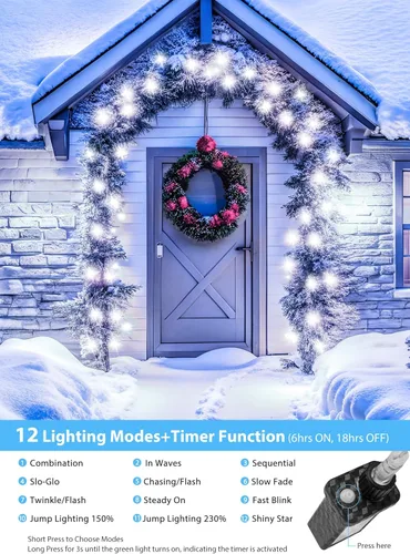 Vista 2 de Minetom Luces de Navidad para Exteriores Luces en Racimo - 500 LED 25 Pies Luces de Cadena de Petardos de Navidad, 12 Modos Temporizador Impermeable